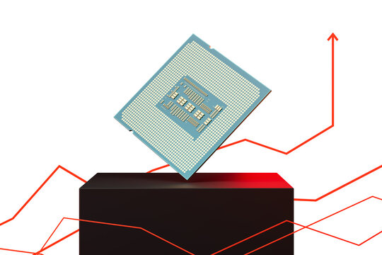Computer processor chip floating on platform with red graph lines, isolated on white background, symbolizing technology growth and innovation. 3D Rendering