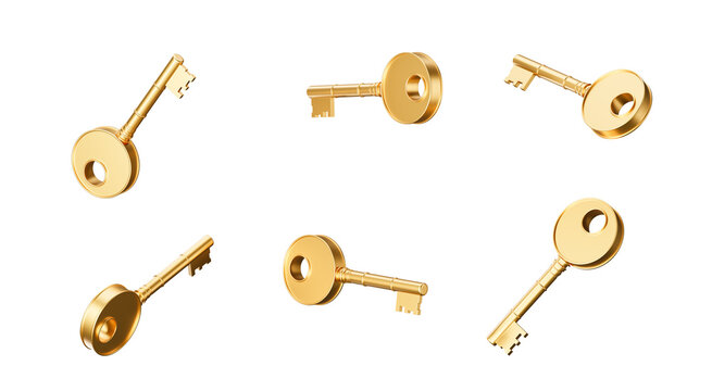 Collection of shiny golden vintage keys isolated in various angles, metallic 3D rendering style, on white background. Concept of security and access