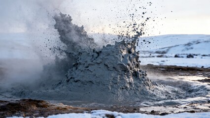 Mud volcano erupting in a snowy landscape, releasing steam and mud into the air