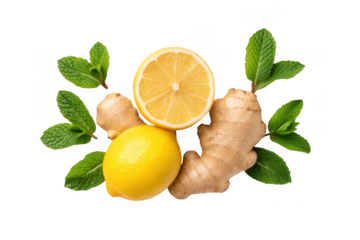 Fresh lemon ginger and mint leaves isolated on transparent background