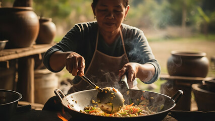 A dedicated chef expertly prepares a vibrant and aromatic stir-fry dish in a large steaming wok over a lively open fire, embodying the rich essence of traditional outdoor cooking