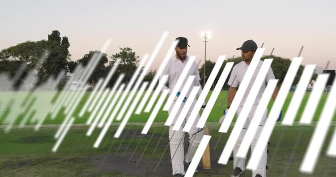 Two cricketers signaling then walking into crease to bat while white diagonal bar overlay sweeping
