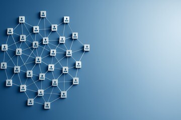 Network of connected user icons on blue background representing digital social media or communication concept with empty space on the right side. Ai generative