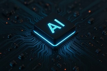 Glowing AI microchip on futuristic circuit board with blue neon light on dark background, symbolizing advanced artificial intelligence technology concept. Ai generative