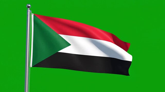 The flag of Sudan waves gently on a flagpole against a solid green background in this video.