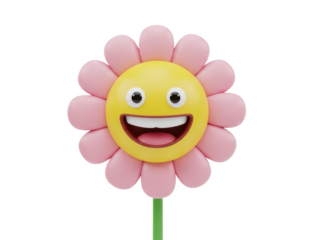 3d rendered smiling flower emoji with pink petals and green stem isolated on transparent background