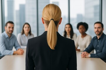 Confident businesswoman facing diverse interview panel in modern office with cityscape background, symbolizing leadership and career opportunity concept. Ai generative
