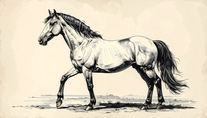 静かな佇まいを描いたクラシカルな馬の線画イラスト素材コラージュ用 &ndash; Classical Horse Line Illustration in Black and White