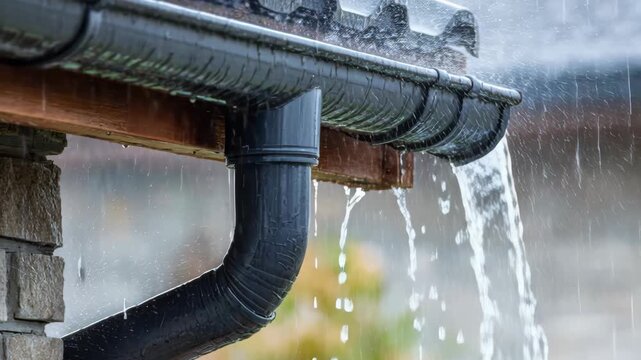 A close-up shot of rainwater flowing through a gutter and downspout on a tiled roof during a downpour.