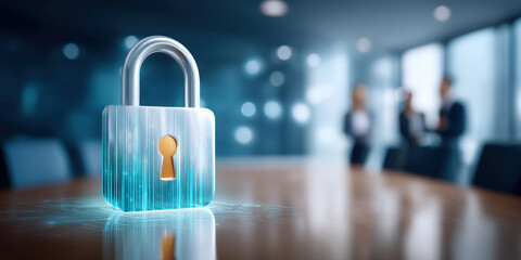 Secure digital padlock on conference table evokes data privacy protection and corporate trust