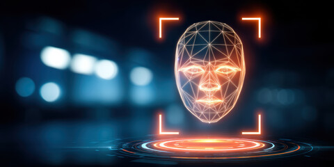 Futuristic wireframe face scanned neon light suggesting data privacy and secure biometric access