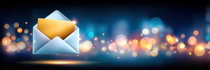 Open envelope with glowing letter data privacy concept glowing bokeh lights night scene