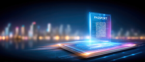 Digital passport glowing futuristic tablet with biometric fingerprint data privacy and secure