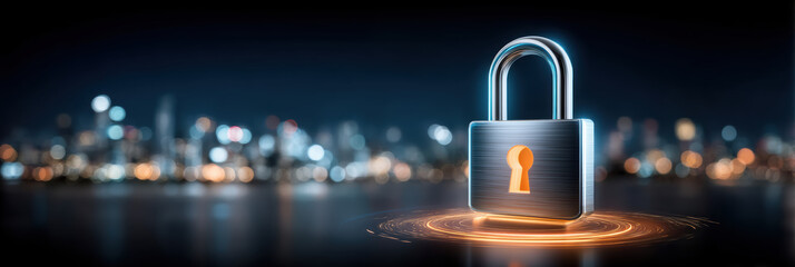Secure padlock on blurred city night skyline with glowing data privacy ring