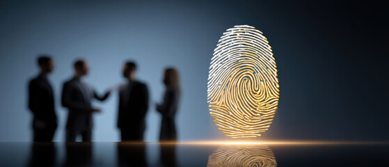 Golden fingerprint hologram symbolizes data privacy and secure access with blurred business
