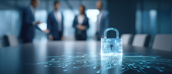 Digital padlock on office table representing data privacy and corporate cybersecurity concern