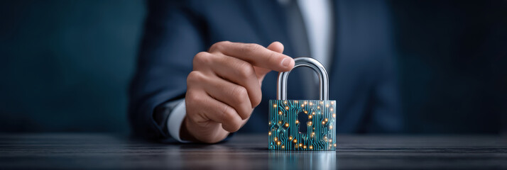Secure data privacy concept with digital padlock and business hand protecting information