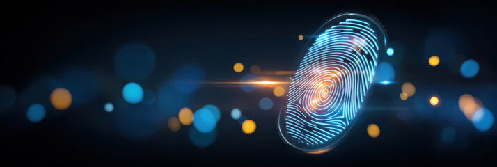Secure data privacy concept with glowing biometric fingerprint sensor and abstract blue bokeh