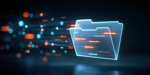 Neon data privacy folder with glowing light trails conveying secure fast transfer and protection