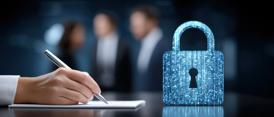 Hand signing confidential contract beside glowing digital padlock symbolizing data privacy