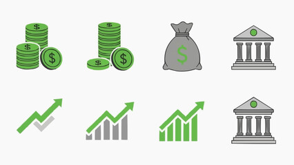 Financial growth icons depicting coins, currency, and banking institutions with upward trending graphs and charts
