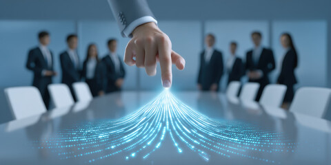 Finger touching glowing data stream privacy concept boardroom connecting team and secure network