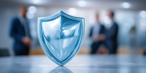 Shield symbol reflective table suggesting data privacy protection and modern corporate security