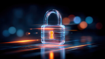 Secure digital padlock symbol glowing with data privacy theme and warm lighting
