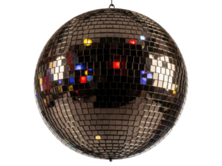 Shining disco ball with mirrored tiles reflecting colorful lights, perfect for party decor and celebrations isolated on transparent background
