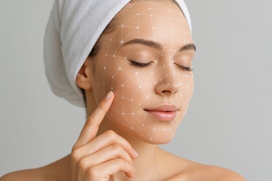 Woman with digital facial mapping lines, promoting skin analysis and beauty technology concept on neutral background. Ai generative. Ai generative