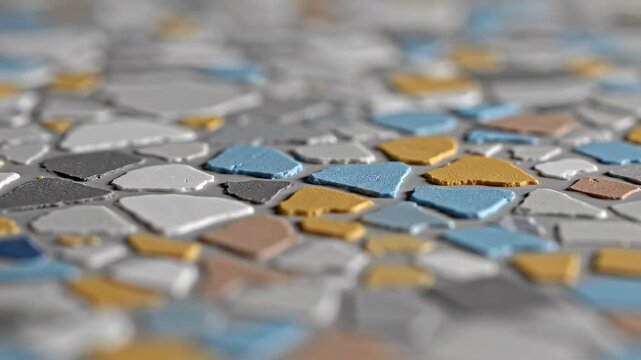 Moving multicolored terrazzo pattern background. Abstract textured surface with changing light. Dynamic geometric mosaic design.
