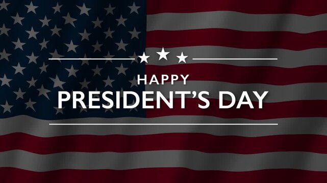 Happy President's Day greeting animation on waving American flag background.