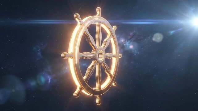 Animated golden dharma wheel symbol rotating in space with light flares. Buddhist faith and spirituality concept for worship.