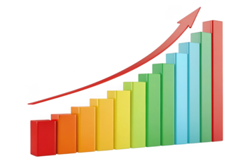 Colorful bar chart with upward trend arrow isolated on transparent background