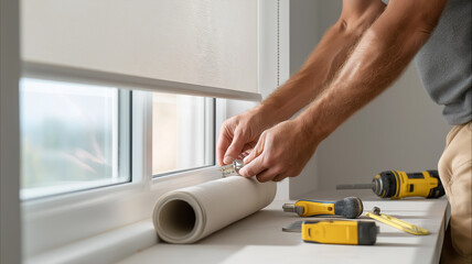 Handyman is focused on measuring the window as he prepares for new blinds installation Generative AI