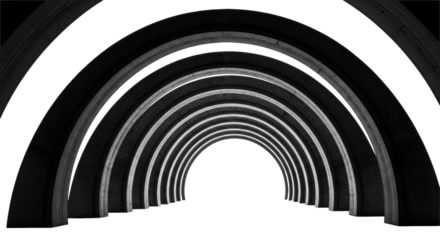 massive, polished dark charcoal gray concrete parallel arches forming a deep, repeating tunnel, captured via extreme low-angle perspective against a brilliant white void with dramatic chiaroscuro