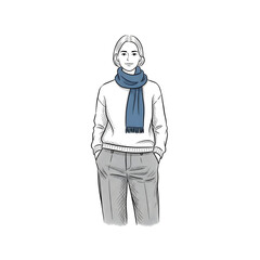 Fototapeta premium Hand Drawn Woman Wearing Scarf Line Art Illustration