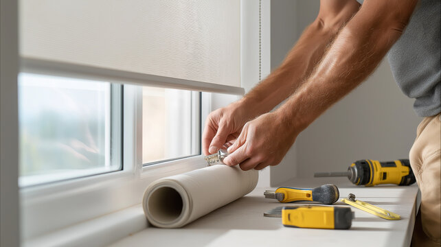 Handyman is focused on measuring the window as he prepares for new blinds installation Generative AI