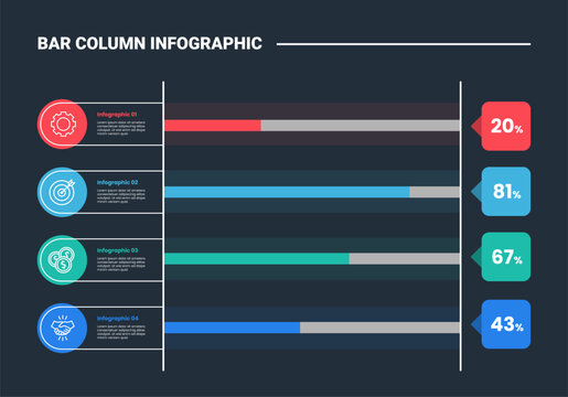 bar column infographic process diagram with creative stacked progress percentage bar on vertical direction with left description with dark background bright outline style 4 points