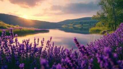 Obraz premium Lavender Field Reflecting on Tranquil Lake with Purple Blooms and Peaceful Atmosphere