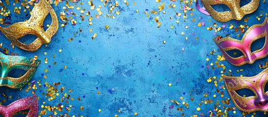 Carnival masks and colorful streamers on a blue background with space for text