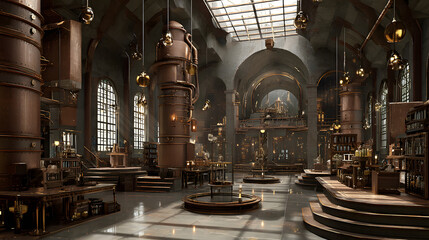 Alchemy factory style background with arcane machinery textures and centered empty copy space