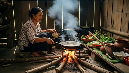 Smiling woman cooks traditional meal over open wood fire in rustic kitchen. Fresh ingredients reflect authentic rural culinary heritage and a simple, timeless lifestyle