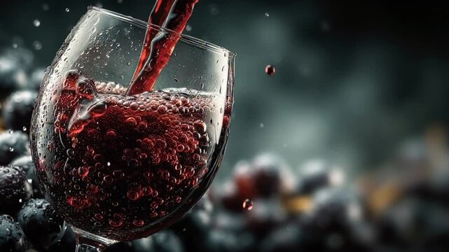 Elegant red wine being poured into a chilled glass surrounded by fresh grapes, perfect for fine dining and sophisticated gatherings