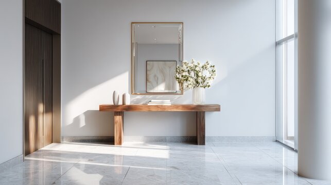 Minimalist entryway with polished stone flooring wooden console table and metallic-framed mirror Side-light creates brilliance across reflective accents