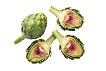 Fresh artichoke halves and whole artichoke isolated on transparent background