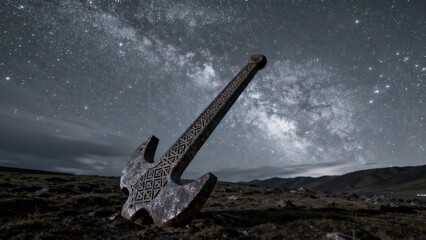 Ancient axe with intricate carvings standing upright in a field under a starry night sky with the Milky Way visible