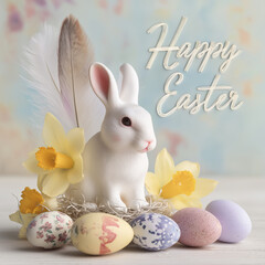 Obraz premium Charming white rabbit figurine among pastel Easter eggs and flowers, celebrating spring joy Generative AI