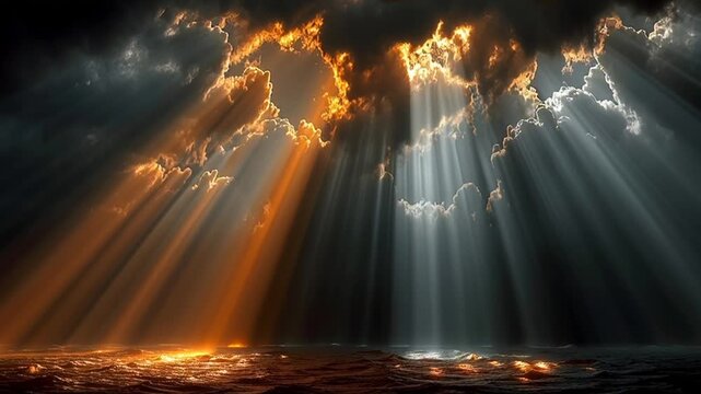 Experience the raw power of nature with this stunning ocean landscape as sunbeams burst through dark stormy clouds, evoking feelings of hope and serenity.