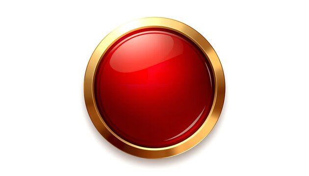 A shiny red button with a gold border on a white background